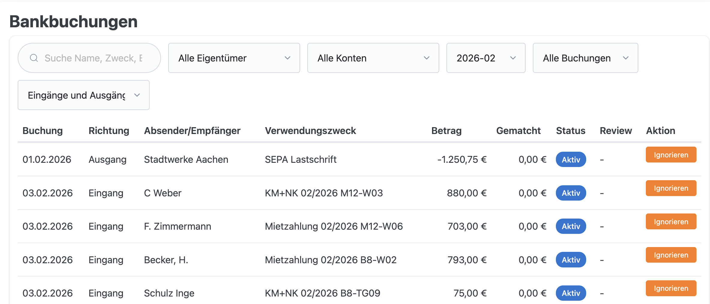 Bankbuchungen mit Status und Review