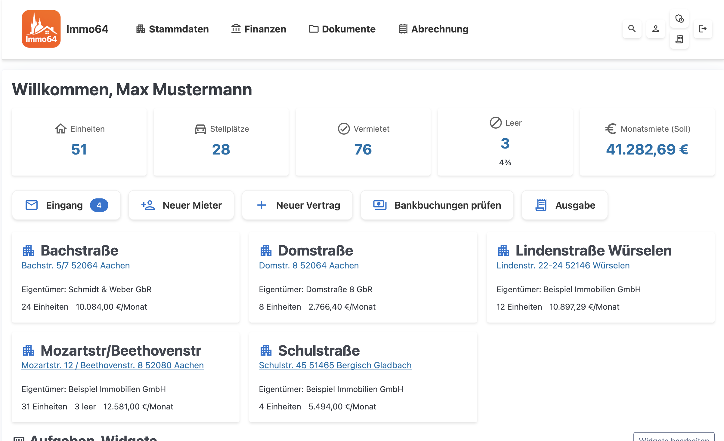 Dashboard mit Objektkarten und KPIs