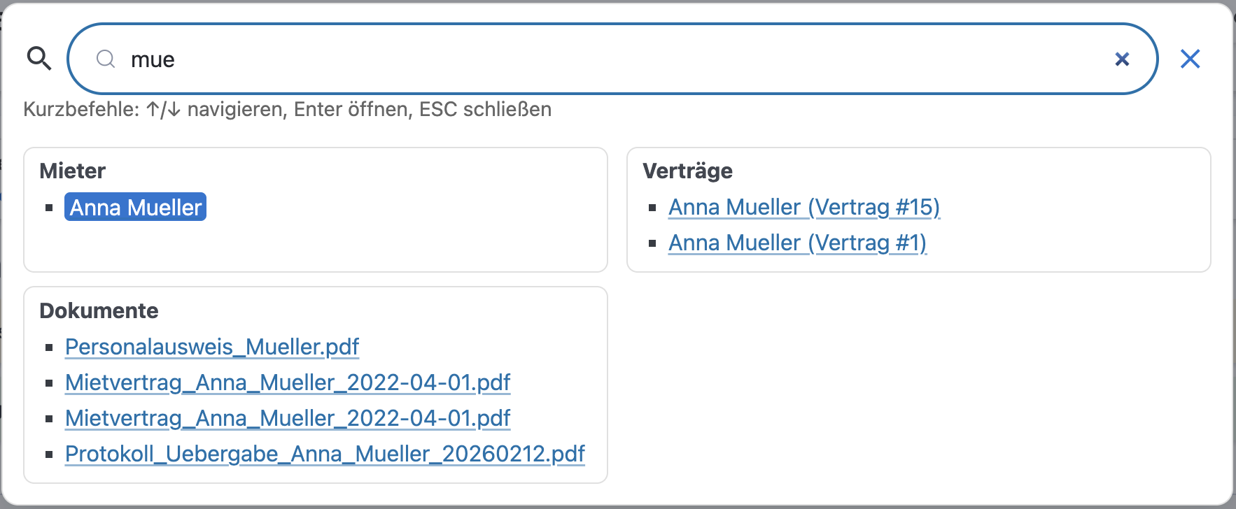 Schnellsuche mit Ergebnissen aus Mietern, Verträgen und Dokumenten