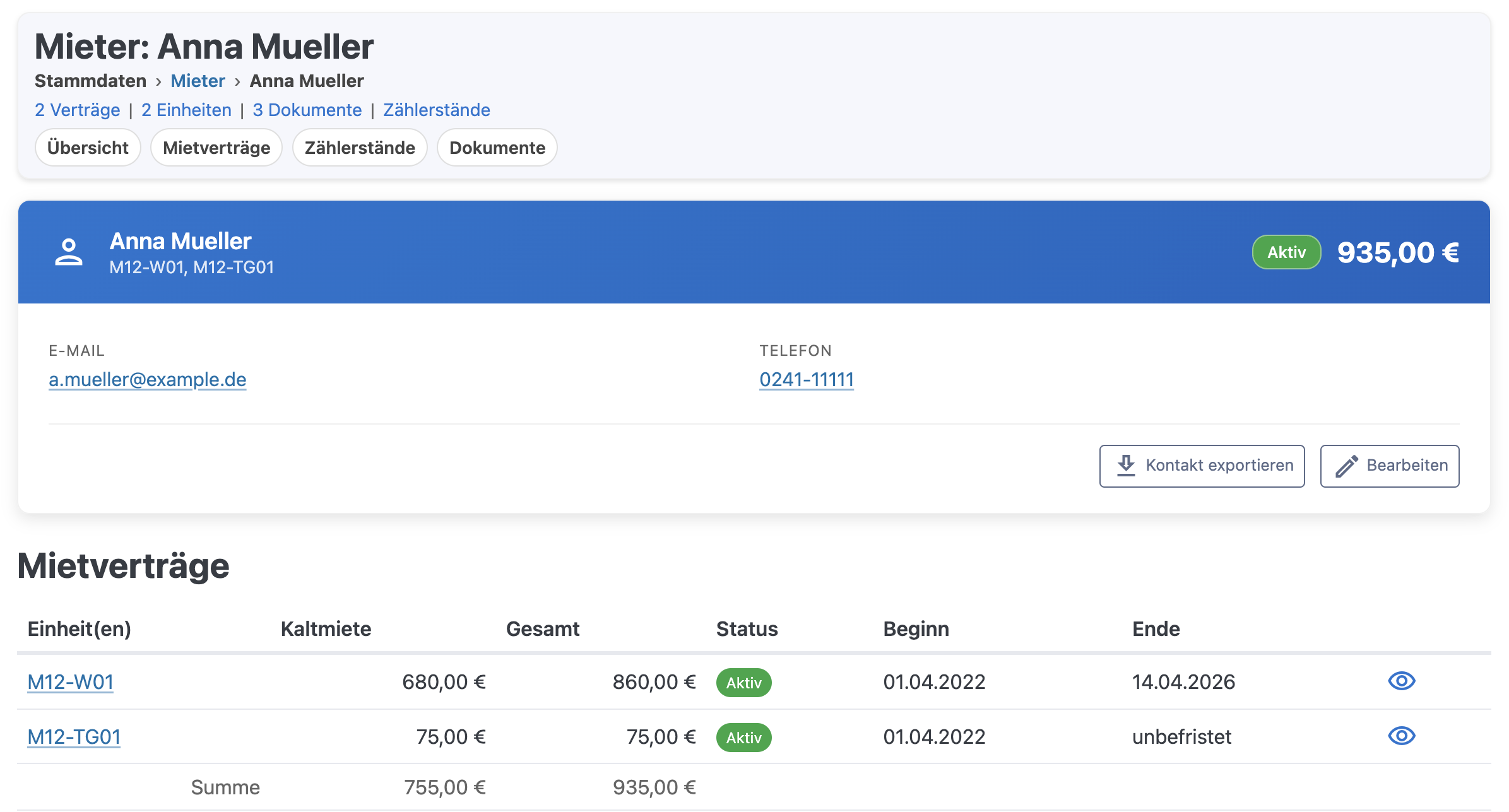 Mieter-Detailseite mit Verträgen und Kontaktdaten