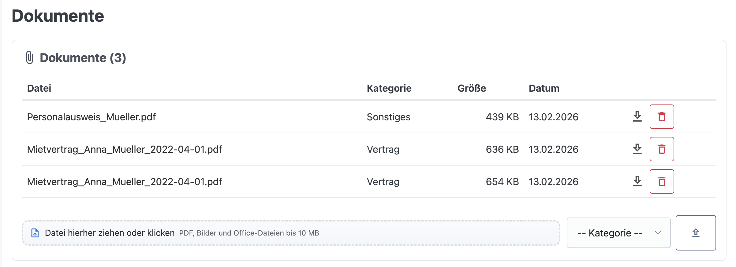 Dokumente direkt am Mieter mit Upload